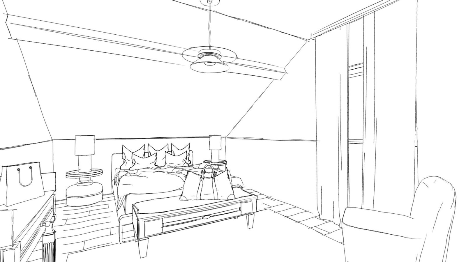 Bonnes Ondes Chambre amis Vue globale croquis Les Interieurs de Lena et Fanny