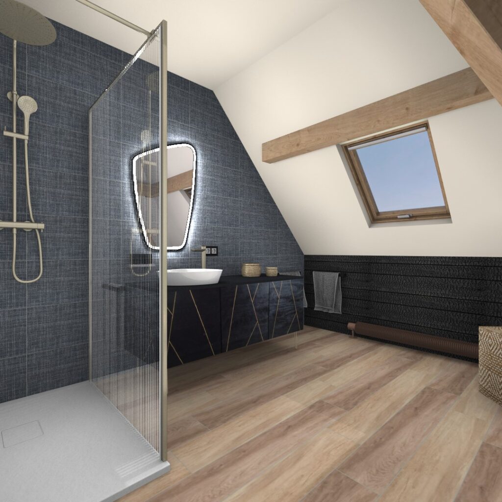 Bonnes Ondes - Salle de bain - chambre parentale - Bois brulé Yakisugi - matiere textile et bois - Les Interieurs de Lena et Fanny