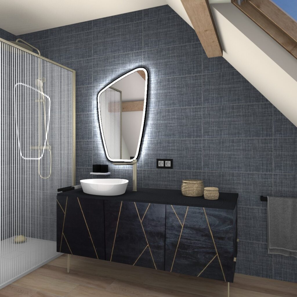 Bonnes Ondes - Salle de bain - chambre parentale - meuble Yakisugi - carrelage textile - Les Interieurs de Lena et Fanny